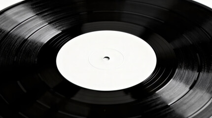 Close-up Black Vinyl Record with White Center Label, Detailed Grooves, Reflective Surface, Symbolizing Nostalgic Analog Sound and Timeless Music
