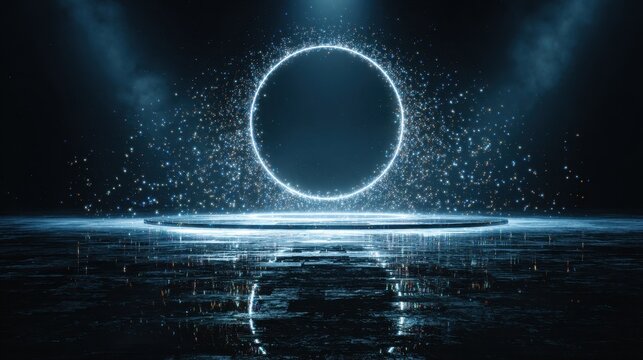 Abstract stage background with a glowing blue neon light circle and sparkling particles