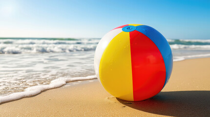 Vibrant Four-Colored Beach Ball on Golden Sand with Gentle Ocean Waves and Blue Sky