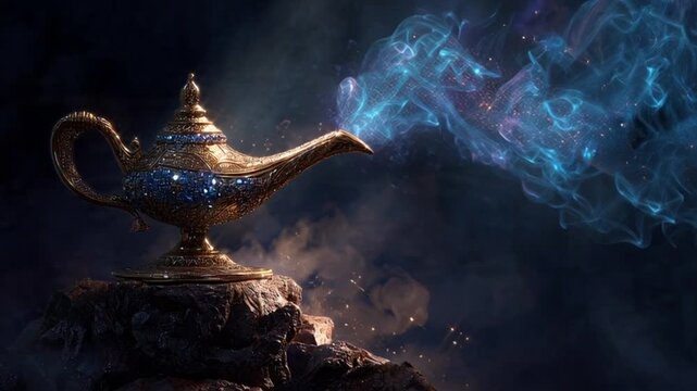 Magnificent antique golden genie lamp emitting mystical blue smoke on a dark, magical rock