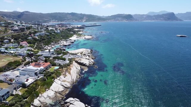 Aerial view of the coastline and ocean in Simon's Town near Boulders Beach, Cape Town, South Africa