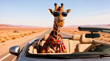 Joyful Giraffe in Sunglasses and Colorful Scarf Riding a Convertible Through Desert Highway, Symbolizing Adventure and Freedom
