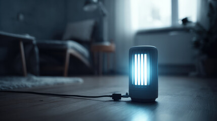 Uv mosquito trap glowing on wooden floor in modern living room capturing insects with blue light at night