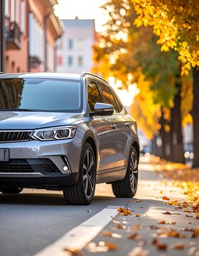 Silver SUV on a city street in autumn, sunlight filtering through leaves. Road is clean