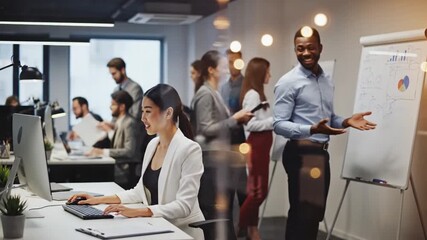 P58-Blurred office with people working behind glass wall 4K 10s