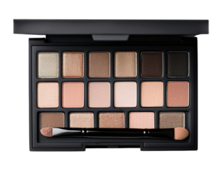 Palette displays a range of neutral tones ideal for makeup applications, featuring a variety of colors and an applicator brush. Set against a transparent backdrop for clarity
