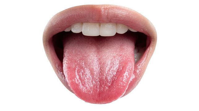 Close up of female mouth showing inflamed tongue with glossitis, isolated on transparent background, useful for medical and healthcare concepts