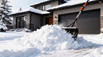 Bright Day Snow Shoveling on Modern Home Driveway Orange and Black Shovel Clears Snow Pile After Storm, Symbolizing Hard Work and Determination