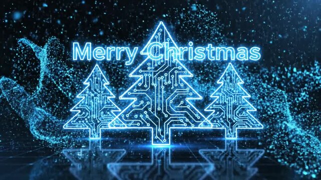 P57-Merry Christmas ai technology trees design. Futuristic happy holiday card with blue particle neon tr 4K 10s