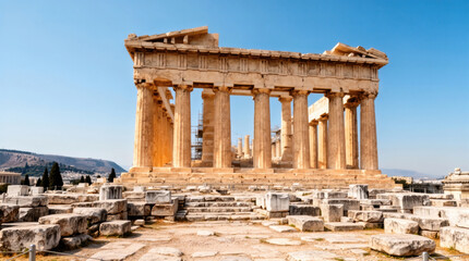Obraz premium Majestic Parthenon on the Acropolis of Athens with Ancient Ruins, Doric Columns, and Serene Blue Sky