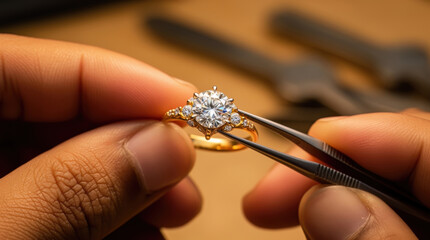 Close-up of Indian jeweler's hands placing a radiant diamond into a gold ring with tweezers, warm light, luxury craftsmanship