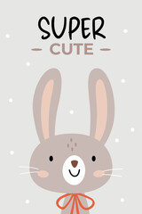 Fototapeta premium Cute bunny face with big ears, rosy cheeks and bow tie. Text “Super Cute” above. Minimalist pastel illustration on grey polka dot background. Perfect for kids decor or greeting card.