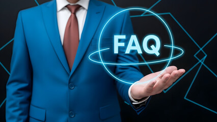 Businessman presenting faq information on his palm in a blue suit