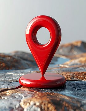 Shiny red location pin standing on a textured, metallic surface