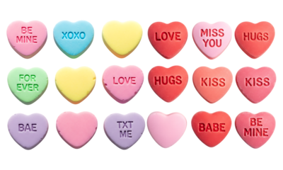 Valentine conversation heart set with romantic messages isolated on transparent background