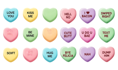 Valentine conversation heart set with fun phrases isolated on transparent background