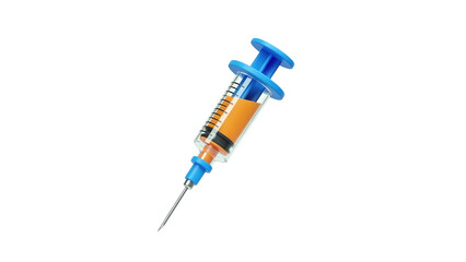 3D Syringe with orange liquid and needle on transparent background