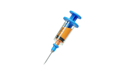 3D Syringe with orange liquid and needle on transparent background