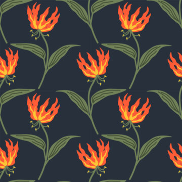 Seamless flame lily decorative vector pattern