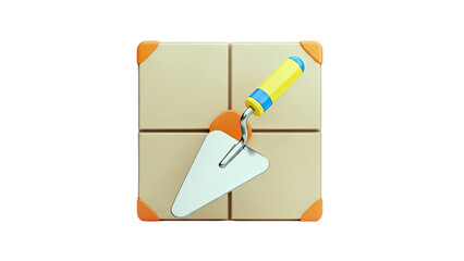 3D Trowel and Tiles Icon on transparent background