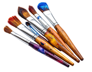 Six colorful paintbrushes, stained with vibrant hues, arranged on black