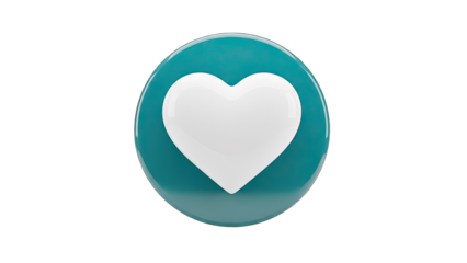 3D White heart icon on a blue circle on transparent background