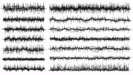 Collection of abstract sound wave patterns and visual representations of audio frequencies on a white background.
