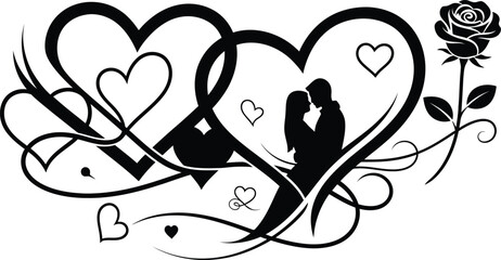 Romantic silhouette of a couple inside interlocking hearts with a rose and elegant swirls in black and white line art.