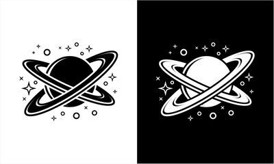 Stylized Saturn planet with rings and stars in black and white. © Ramon