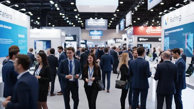 P51-An expo hall bustling with activity and attendees business conference blurred background with cop 4K 10s