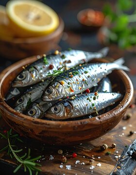 Shiny, silver sardines in rustic wooden bowl, seasoned, lemon blurred in background