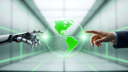 A robotic hand and a human hand reaching out to a glowing green globe with a grid pattern on it in a futuristic room