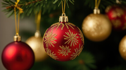 Vibrant Red Christmas Ornament with Gold Glitter Snowflake Design Hanging from Evergreen Branch