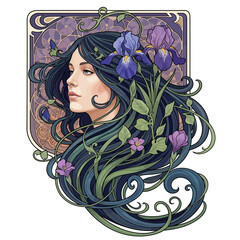 Art Nouveau Portrait of a Woman with Irises and Floral Ornamentation