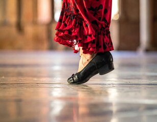 Close-up of dancer's shoe and ruffled skirt in motion