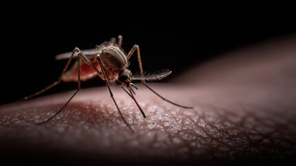 Macro close-up of mosquito sucking blood from human skin under dramatic lighting, disease transmission concept