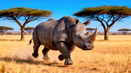 Obraz premium Running Gray Rhinoceros Across African Savanna with Acacia Trees Under Bright Blue Sky