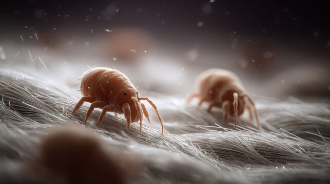 Brown dust mites moving through hair like fibers in dramatic macro scene representing allergens parasites and indoor health risks
