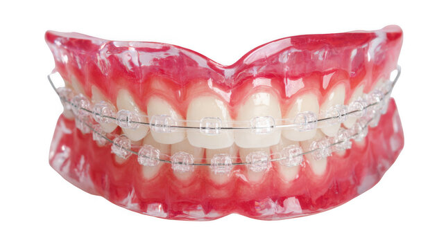 Close up of a dental model showcasing orthodontic braces, highlighting the interaction between the braces, teeth, and gums against a transparent background