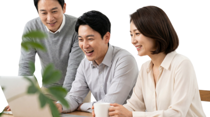 Three Smiling Asian Business Professionals Discussing Work on Laptop