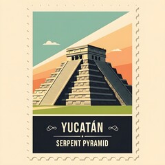 Ancient stepped pyramid with temple at sunrise over tropical landscape illustration