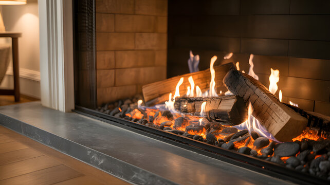 Close-up view of glowing gas fireplace with logs and river stones detail