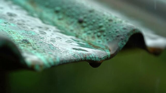 Close-up of a copper roof with patina and raindrop.