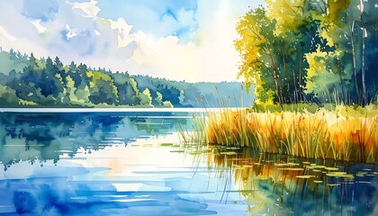 Serene watercolor landscape featuring a calm lake, lush forest, and bright, sunny sky with light reflections