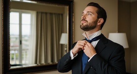 Man adjusting bow tie while getting ready in hotel room  