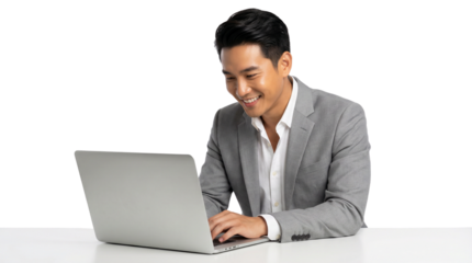 Smiling Asian Man in Grey Suit Jacket Using Laptop