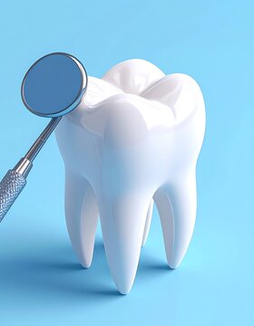Shiny white molar with a dentist's mirror, standing on a light blue background