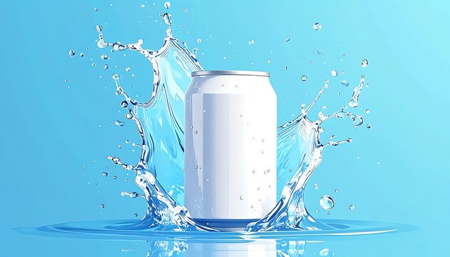 Shiny, white can is caught in a splash of water with a blue background