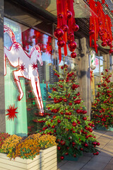 New Year's decorations in front of the cafe entrance. A Christmas tree with red balls. Red ribbons with balls. A drawing of a horse on the window.