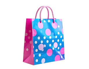 A brightly colored gift bag with pink handles and a blue and pink polka dot design